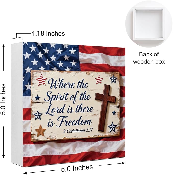 Patriotic Wooden Box Sign,Where The Spirit Is There Is Freedom 4th Of July Signs Home Decor,Independence Memorial Day Block Sign for Desk Shelf Tabletop Decor