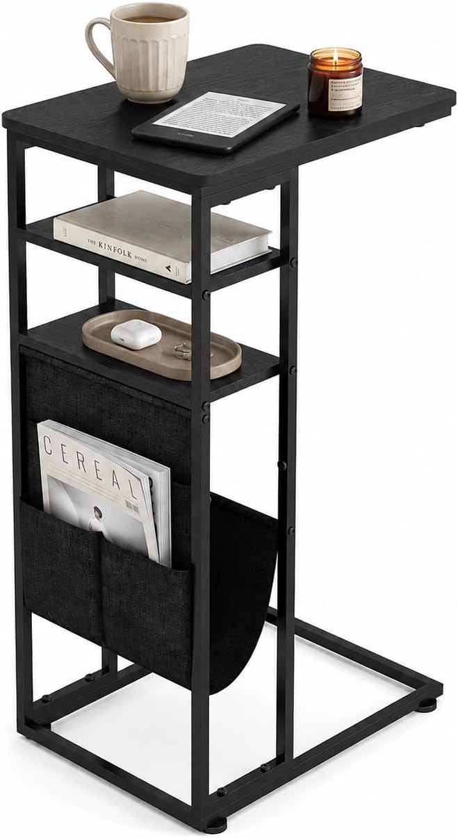 C Shaped End Table 28"(H) 3-Tier C Table with Storage Bag, Under Couch Table C-Shaped End Table with Storage Shelves and Bag for Living Room, Bedroom, or Office