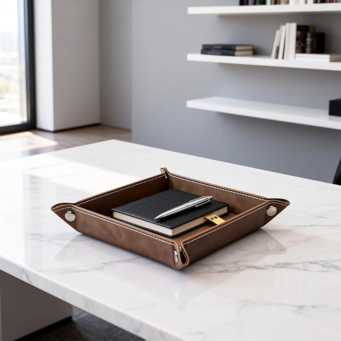 Valet Tray Desktop Storage Organizer – Vegan Leather Catchall Bedside Vanity Tray Nightstand Caddy Holder for Remote Controller, Watch, Keys, Phone, Wallet, Coin, Jewelry, Stone Brown