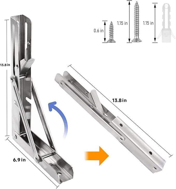Folding Shelf Brackets 14 inch 4 Pcs Max. Load 330lb - Heavy Duty Stainless Steel DIY Wall Mounted Collapsible Shelf Brackets, Space Saving for Table, Workbench, Garage Workstation, Stuff Supports