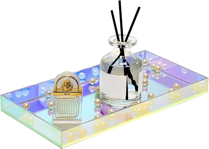 ROYALITA Iridescent Acrylic Vanity Tray 10x5 Inch - Small Acrylic Trays Perfume Tray Spill Proof, Decorative Tray for Bathroom Countertop, Wedding Decor, Aromatherapy Storage, Office Desk