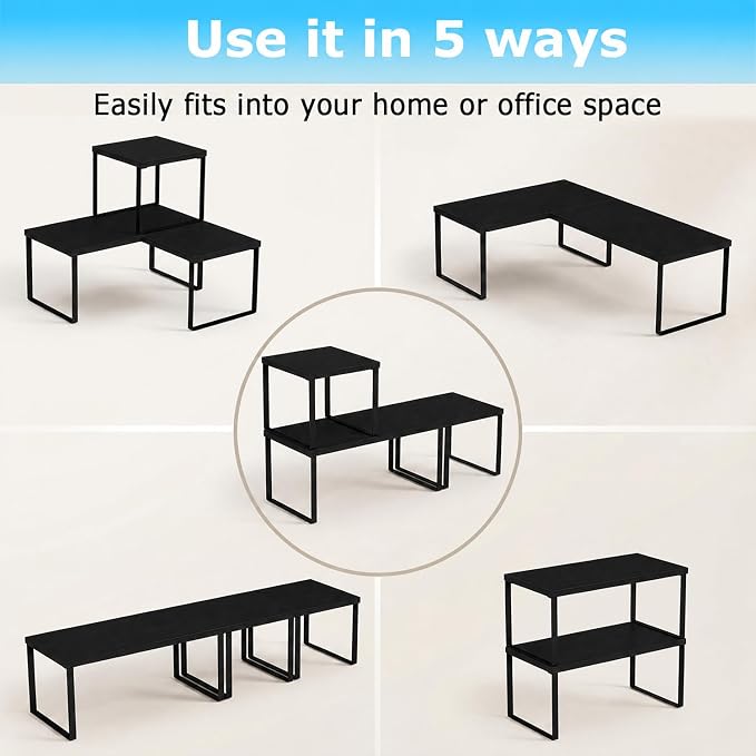 Aothia Desktop Shelf Organizer for Top of Desk, Modular 2-Tier Stackable Wood Storage Shelf, Modular Desk Organizer for Office, Home Workspace & Kitchen Counter, Black