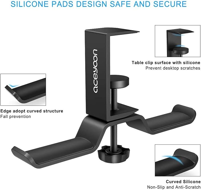 aceyoon Foldable Headphone Stand for Desk, Aluminum Headset Stand Clamp Hook Under Desk Space Save Mount, Headset Holder for Gaming Headphone, Office, Backpack, Bag, Purse Hanging (Black)