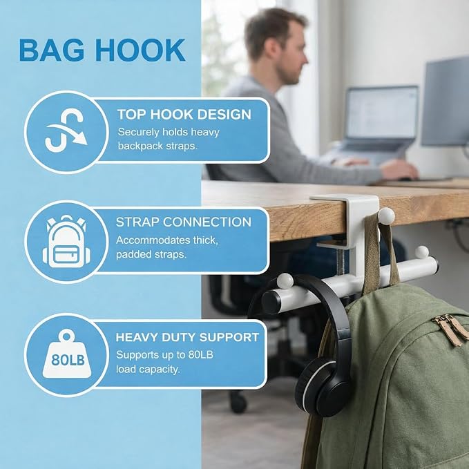 Heavy-Duty Backpack Hanger for Desk & Table, Adjustable Desk Hook for Bag with 80lb Capacity, T-Shape Backpack Holder & Purse Hook for Table, Clip-On Desk Bag Hook for Office Classroom Home