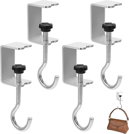 cobee Clamp-On Under Desk Hooks, Desk Mount Hanging Bag Holder Metal Hook Adjustable Headphones Clamp Organizer Portable Purse Hanger Clip Reduce Desk Clutter Table Desk Under Counter (4 Pcs, Silver)