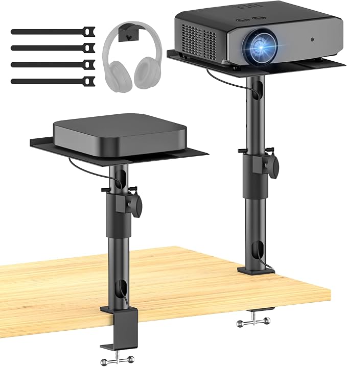 2-Pack Adjustable Clamp On Projector Stand Table, Heavy Duty 40 lbs Each, Dual Utility Tabletop Stands for Projector & Streaming Device, Gaming Console, Laptop – Home Theater & Office Setup