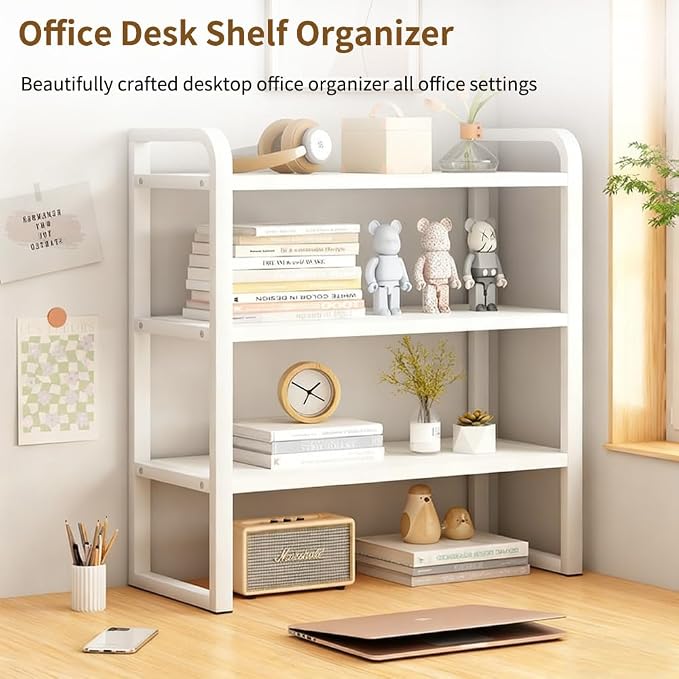 Office Desk Shelf Organizer, Wood Desktop Bookshelf Supplies Storage Rack, Shelf for Top of Desk and Dresser and Cubicle Decor Aesthetic Bookshelf (Black Wood, three Tier 19.69 Lx7.87 Wx22.05 H)