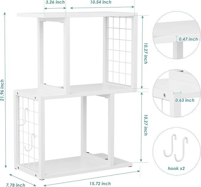 Small Desktop Bookshelf Organizer, White 3-Tier Desk Shelf with Metal Hook Workspace Organizers for Desk Organization and Office Storage Table Bookcase