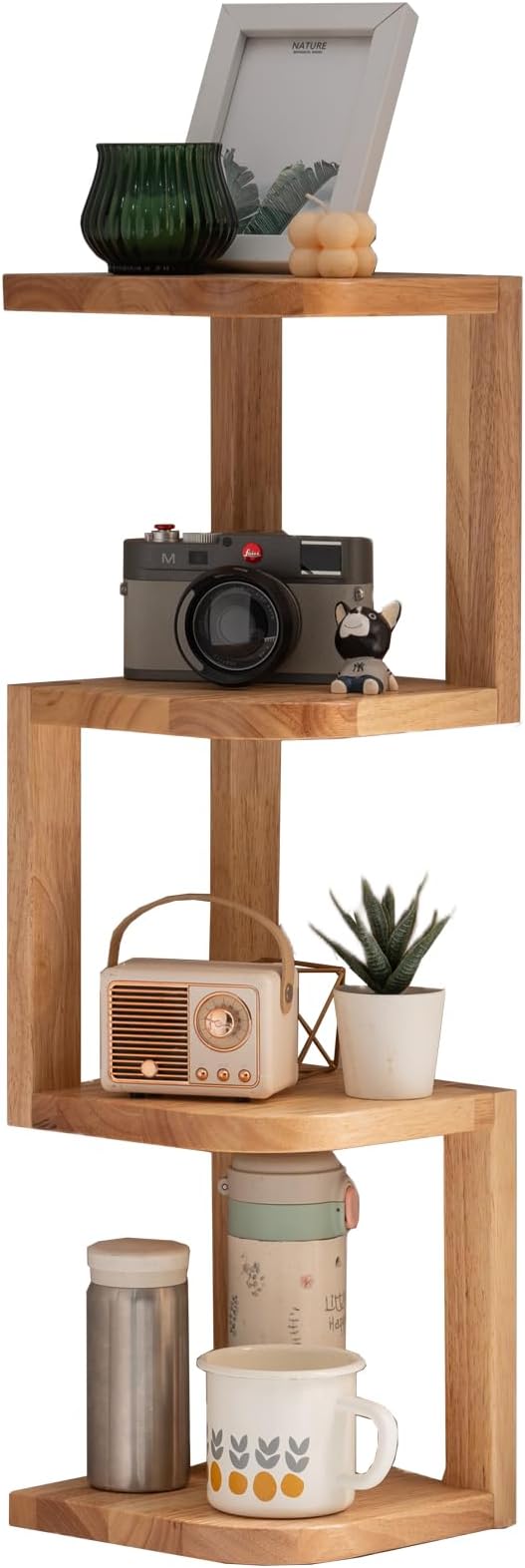 Corner Shelf Stand Desk Organizer,26.8" H Rubberwood Brown Rack for Small Spaces, Bedroom,Home Office,Kitchen,Bathroom (Natural, 4 Tier)