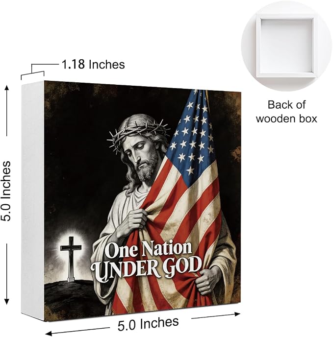 Patriotic Wooden Box Sign,One Nation Under God Jesus 4th Of July Signs Home Decor,Independence Memorial Day Block Sign for Desk Shelf Tabletop Decor