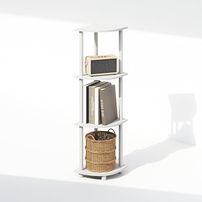 Furinno Turn-N-Tube Corner Shelf, 4-Tier Corner Bookshelf, Display Storage Shelves with Open Shelves, for Organization and Storage, Living Room, Home Office, Garage, White