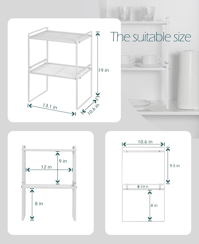 Shantton 2Pack Kitchen Cabinet Shelf Counter Organizer Rack Pantry Storage Bathroom Bedroom Office Table Desk Space Saving Stackable Rust Resistant Non Slip White Tall Wide L13.1in W10.6in H9.5in