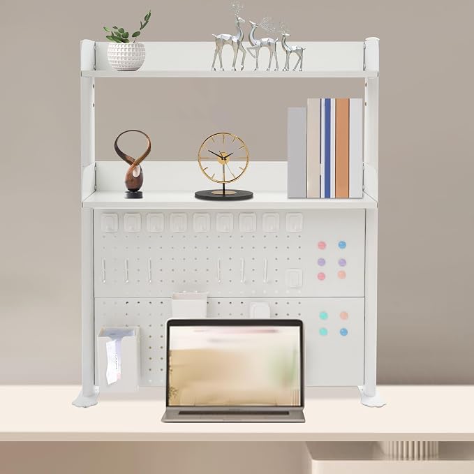 Clamp On Desk Organizer Shelf, 31.5" x 37" Desk Extender Pegboard Bookshelf Workstation Computer Desk Accessories with Shelf for Office, Privacy Panel for Gaming Desk (White, 31.5"W x 37.4"H)