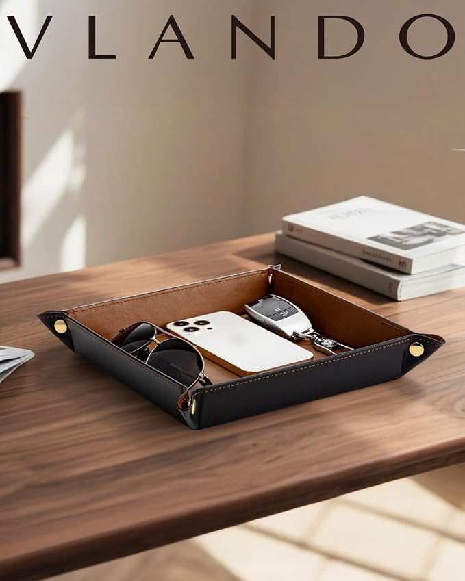 VLANDO Valet Tray Organizer, PU Leather Catchall Tray for Travel | Foldable valet tray for travel, hotel stays and daily carry items like keys, wallet, watch, jewelry and headphones