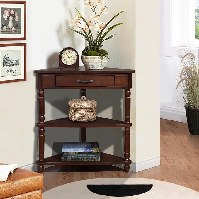 3-Tier Corner Display Rack Small Corner Table Wood Triangle Side Table with Drawer & 2 Open Shelves Multipurpose Shelving Unit for Living Room Bedroom (Light Espresso)