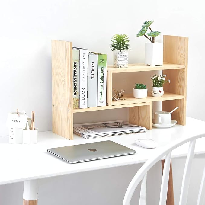 Liry Products Beige Adjustable Extendable Natural Wood Desktop Organizer Caddy Desk Organizer Countertop Shelf Bookcase Display Stand Rack Expandable Storage Office Home