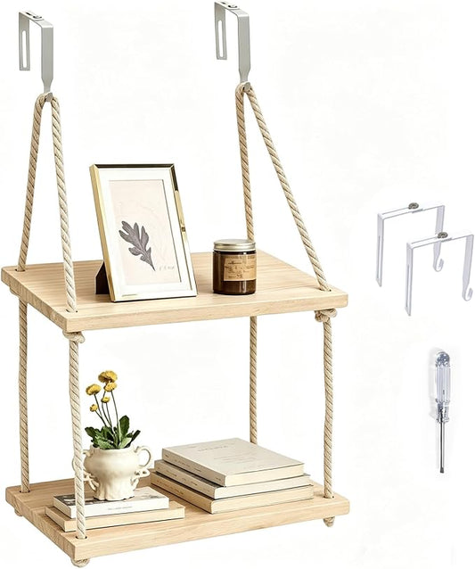 2 Tier Cubicle Shelf for Fabric Wall with Hooks,11.8 Inch Wodden Hanging Shelf with Cotton Rope Organizer Hanging Office Cubical Accessories for work,Boho Style Decor for Women Men Desk Storage