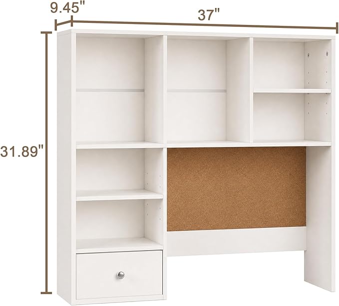 White Desk Hutch with Cork Board for Photos and Reminders, Dorm Desk Hutch with Drawers and Shelves, Desktop Bookshelf for College Dorm, Student Bedroom, Compact Study Spaces