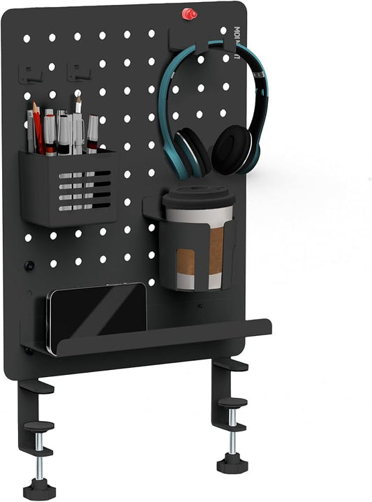 Mount-It! Clamp-On Desk Pegboard Organizer, Magnetic Metal Peg Board with 7 Accessories, 16.5" x 15.9", Vertical or Horizontal, No-Drill Desktop Storage for Home Office, Gaming & Crafting, Black