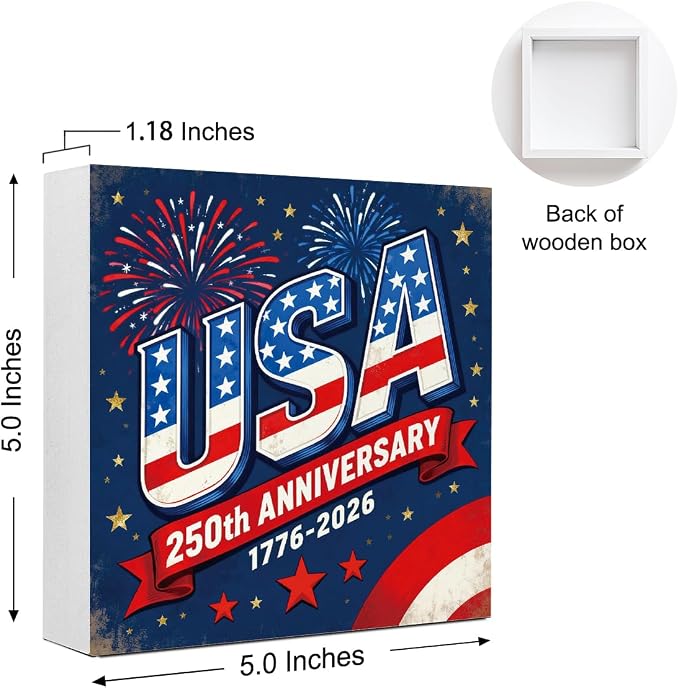 Patriotic Wooden Box Sign,USA Anniversary 4th Of July Signs Home Decor,Independence Memorial Day Block Sign for Desk Shelf Tabletop Decor
