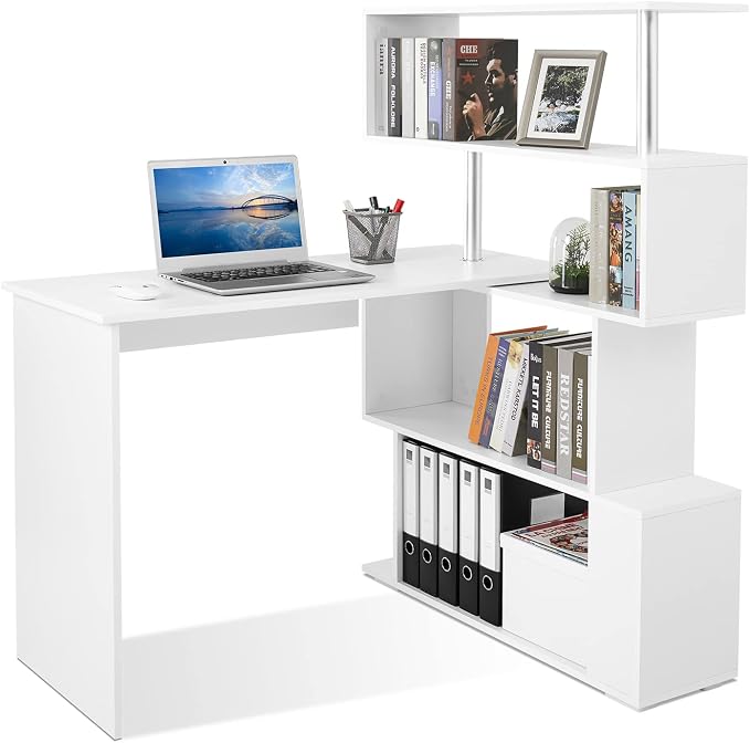 Mondeer 41.7" L Shaped Desk with 4-Tier Storage Shelves, Computer Corner Desk for Study Home Office Living Room (White)
