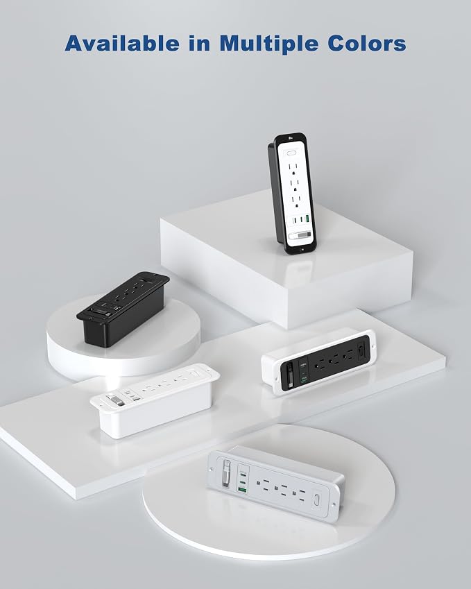 Recessed Power Strip with Retractable USB C Cable,2 PD 20W USB C,Flush Mount Countertop Drawer Outlet, Furniture Hidden Outlet for Side Table,End Table,3 Outlets (Black and White, 6FT-20W)
