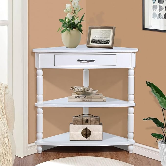 3-Tier Corner Display Rack Small Corner Table Wood Triangle Side Table with Drawer & 2 Open Shelves Multipurpose Shelving Unit for Living Room Bedroom (Milk White)