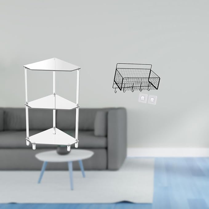Acrylic Corner Side Table Includes Three Tier End Table Hanging Wall Organizer Cabinet Storage Basket Shelves Clear Acrylic and Metal Wir