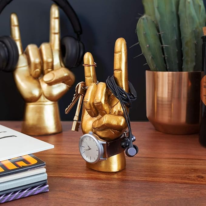 Luckies of London - Rock On Hand - Rock Music Gifts for Men - Mens Bedroom Accessories - Mini Headphone Stand & Jewelry Holder - Gold Ornaments for Desk Tidy - Music Home Decor - Key Holder Stand