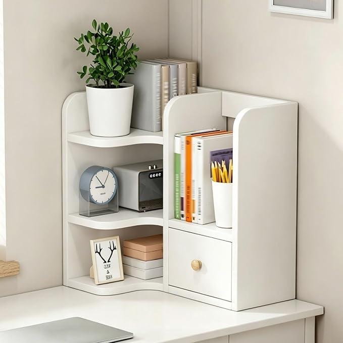 3-tier Corner Desktop Organizer Shelf, Wooden Desktop Bookshelf with Drawers, Multifunctional Desk Hutch Dorm, Desk Display Rack, Cube Storage Organizer Bookcase(White B-r,19.6x11.8x19.6'')