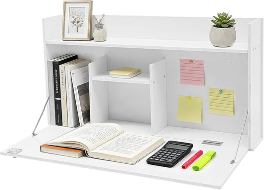 Wall-Mounted Foldable Desk Cabinet with Storage Drawers, Space-Saving White PVC Organizer for Home Office, Study Room, Bedroom, Small Apartment & Remote Work