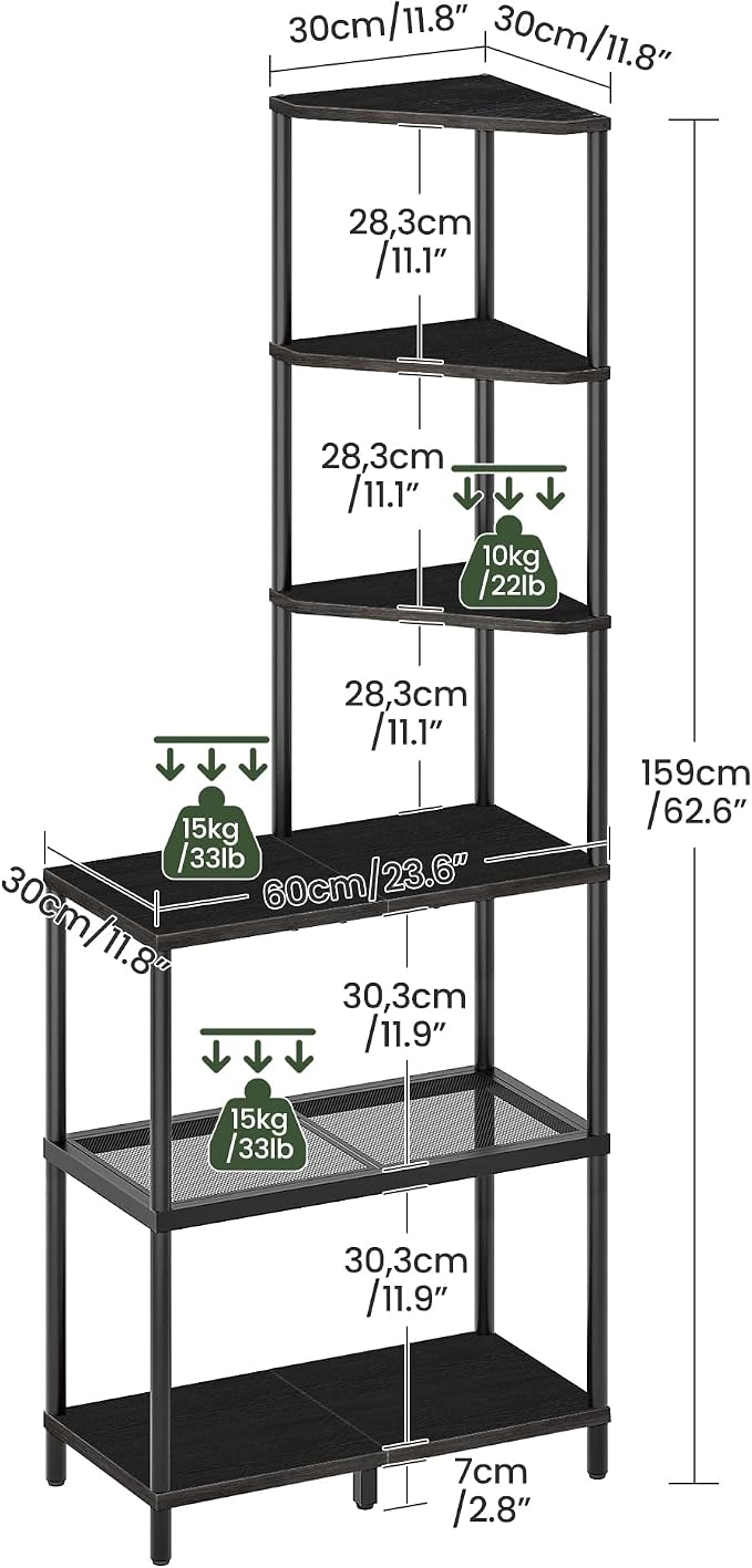 CHOEZON 6-Tier Corner Shelf, Industrial Corner Bookshelf with Desk Top, Diamond-Shaped Storage Shelves, Display Stand for Small Spaces, Living Room, Home Office, Foyer, Black TCJ70BB