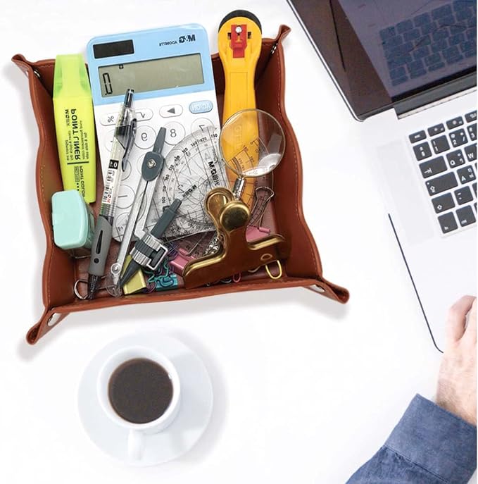 Valet Tray for Men Women - PU Leather Travel Catchall Tray Organizer - Desk Bedside Nightstand Storage Box for Jewelry Key Phone Remote Controller Wallet Watch Glasses Coin Readers -Brown