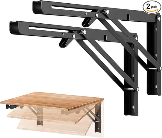 Ravinte 2 Pack 14 Inch Folding Shelf Brackets – Matte Black, Heavy Duty Collapsible Brackets for Tables and Benches – Space-Saving Design
