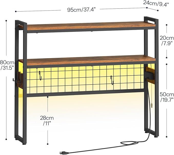 HOOBRO Desktop Bookcase, 37.4" Large Desk Shelf, 2-Tier Desktop Organizer, Wooden Office Storage Rack with Outlets, Display Shelf Rack with Light Strip, Desk Hutch for Office, Rustic Brown BF13UDSJ01