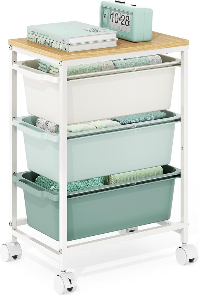 Rolling Storage Cart with 3 Drawers, Craft Organizer, Wooden Tabletop Utility Cart for Bedroom, Children's Room and Office Organization, Under Desk Trolley with Lockable Wheels, Green