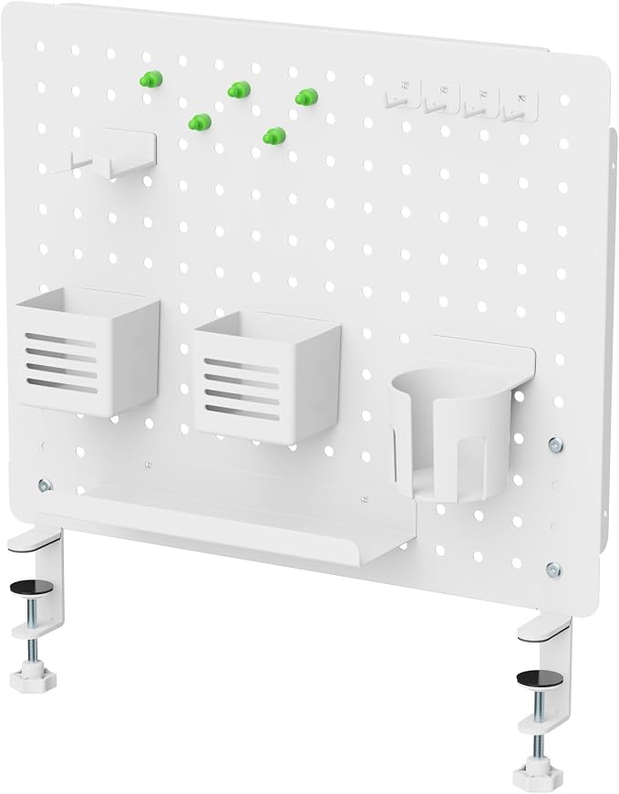 Kantek Pegboard Desktop Organizer & Accessories, Sits, Hangs or Clamps to Tables, 20.58” X 17” White Steel Privacy Panel, Cup Holder, Pen Cup, Headphone Holder, Tray, Magnets, Easy Install