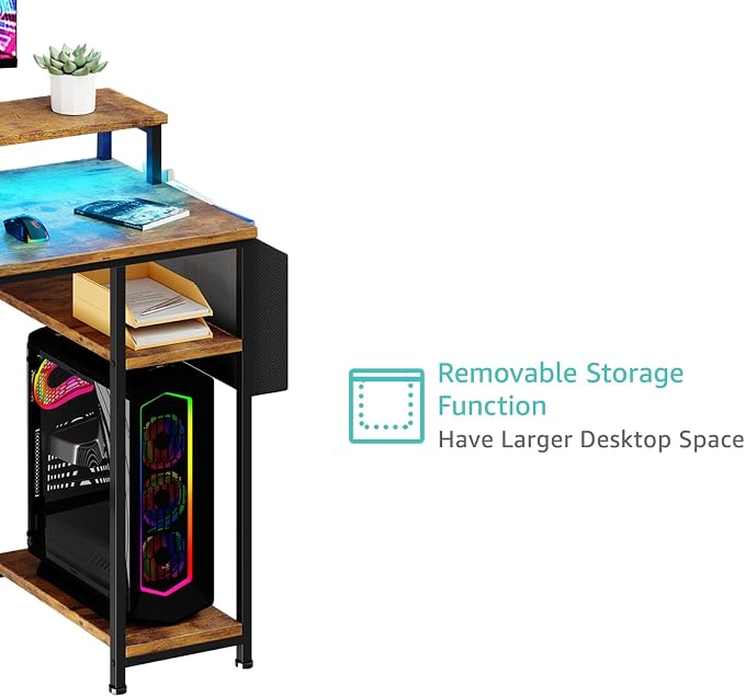 Lufeiya Gaming Desks with Led Lights and Power Outlets, 55 Inch Study Writing Computer Desk with Fabric File Drawers Cabinet for Bedroom, Home Office Desk with Shelves Monitor Stand, Rustic Brown