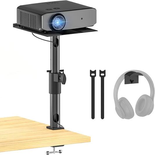 Height/Tilt/Swivel Adjustable Desktop Projector Stand Table for Aurzen Nebula XGIMI VANKYO Jinhoo AuKing Epson and Most Projectors - Desk Projector Stand Clamp on Desktop Wr Headphone Holder, Single