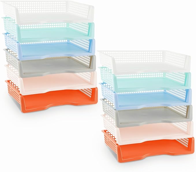 Teenyyou Set of 12 Colorful Turn in Trays Classroom Plastic Stackable Paper Tray Classroom Teachers Desk Organizer Bin for Office Home Teachers Organization and Storage, 9 x 13 x 3 Inches(Boho)