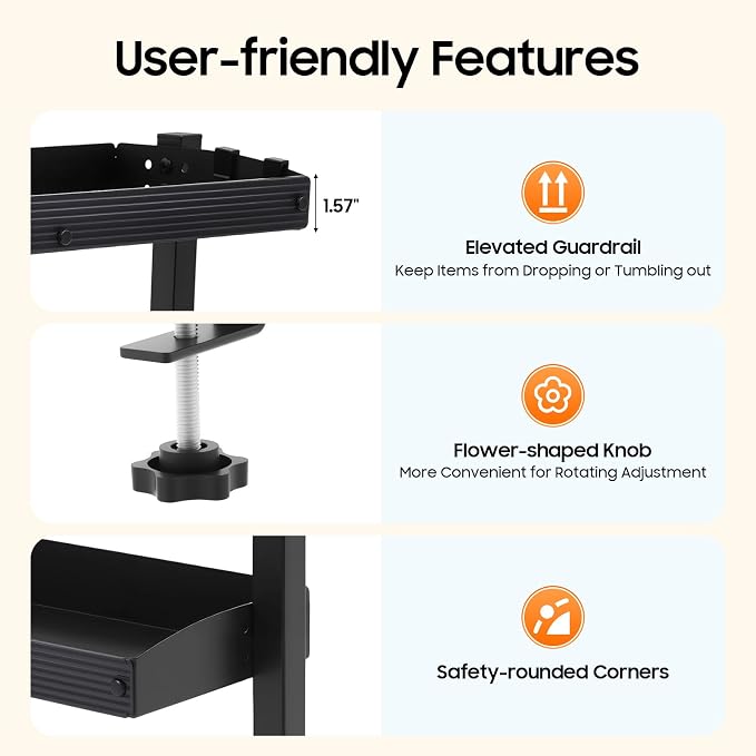 Clamp On Desk Shelf 2 Tier, Under Desk Storage Organizer, Adjustable Hanging Desk Shelf for Office Bedside Table, Space Saving Desktop Shelf with Guardrail, 17.32 x 15.35 Inch (Black)
