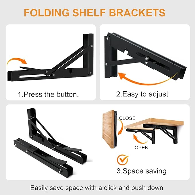 Storystore Folding Shelf Brackets - 10 Inch Heavy Duty Metal Collapsible Shelf Bracket for Bench Table, Shelf Hinge Wall Mounted Space Saving DIY Bracket, Max Load: 150 lb (4 PCS, Black)
