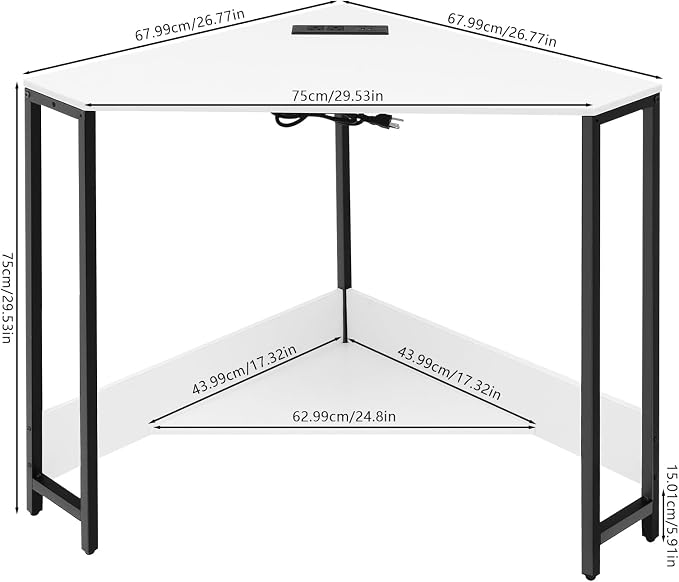 Corner Desk, Triangle Corner Computer Desk, 26.77 * 29.53in Modern Small WritingDesk with Power Outlets and USB Ports for Small Space, Home Office Desk, White