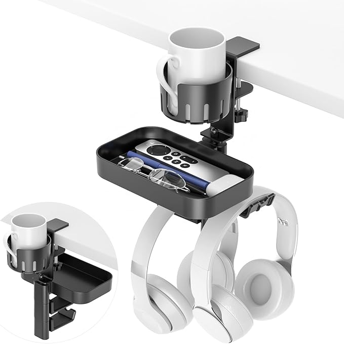 KDD Desk Cup Holder with 2 Headphone Hook - Rotating Pencil Holder & Detachable Drawer Tray - Clamp on Under Desk Headphone Holder Hidden Storage for Office School Home Accessories