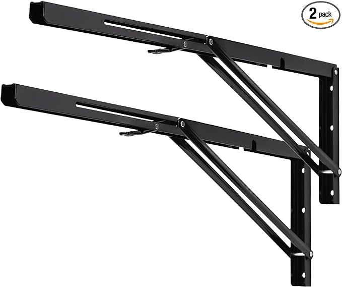YUMORE Folding Shelf Brackets, 24 Inch Heavy Duty L Bracket, Black DIY Collapsible Shelf Bracket for Workbench Folding Table Hinge, Max Load: 330lb, Pack of 2