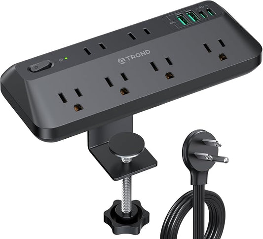 TROND 20W USB C Desk Clamp Power Strip - 1700J Surge Protector with 6 Outlets, Desktop Edge Mount Extension Cord, Fit 1.97" Tabletop, 10FT Flat Plug for Teacher Must Haves, Office, ETL List, Black