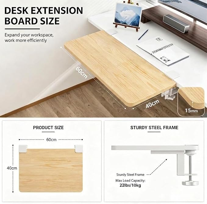 Desk Extender , 25.98'' x 9.84 '' Foldable Table Extension Folding Wall Table Keyboard Extender for Desk Clamp-on Shelf for Dorm Bunk, Office, Kitchen Bar, additional storage platforms (White)