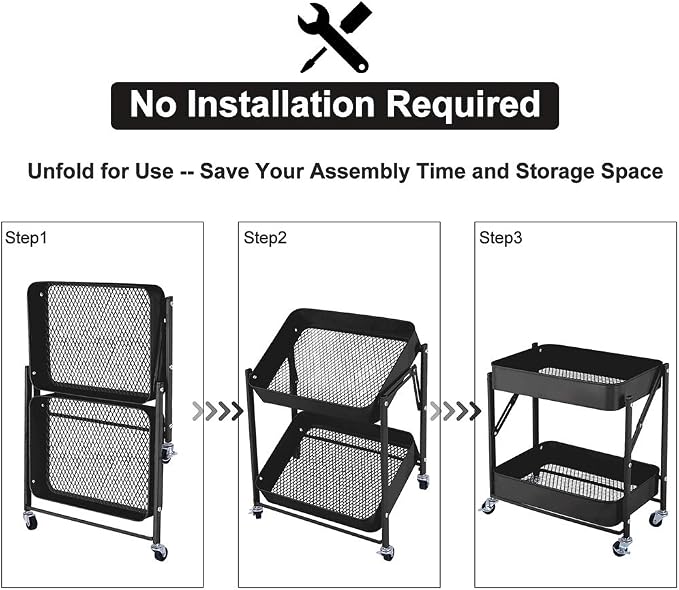 Melody House 2-Tier Metal Folding Rolling Cart, Mobile Utility Cart Trolley Storage Organizer for Office Home Kitchen Organization, Sofa Side End Table with Wheels, Black