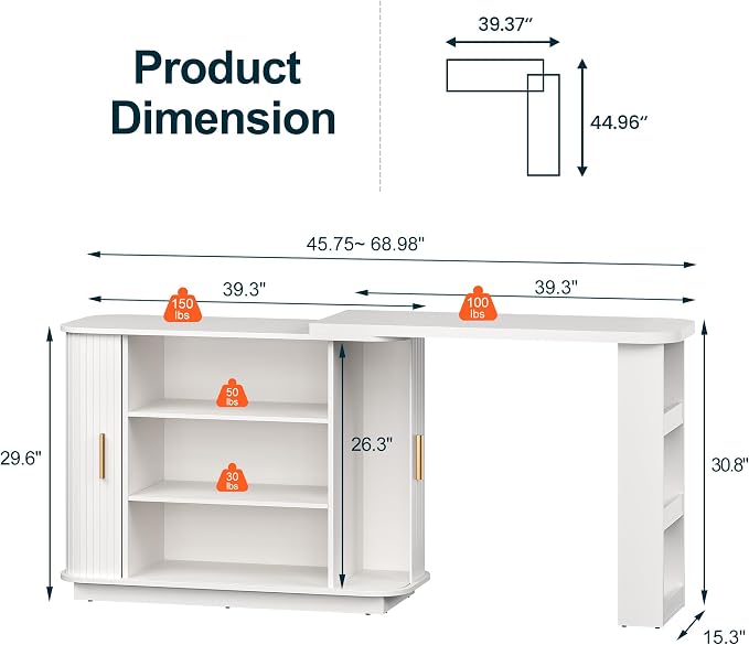 RoyalCraft 68” Extendable Makeup Vanity Desk, Modern L-Shaped Corner Vanity Desk with Silding Door, White Fluted Makeup Table with Curved Desktop and Adjustable Shelf, Wood Dressing Table for Bedroom