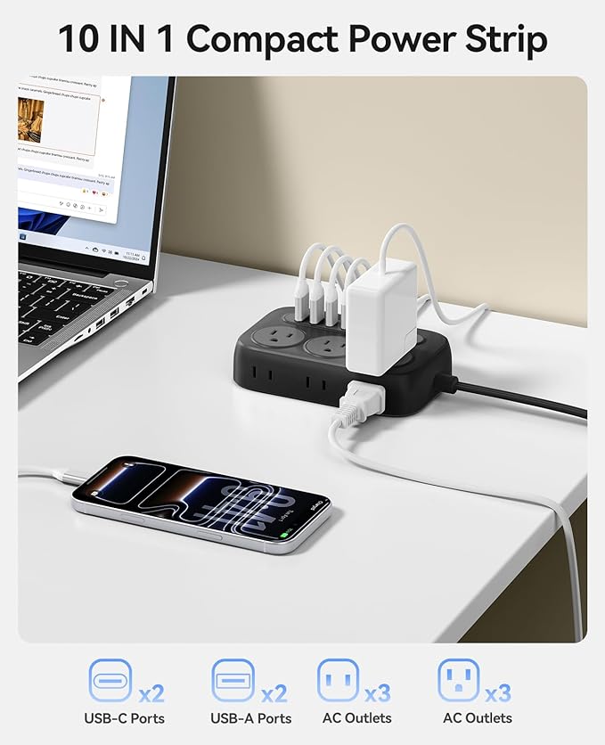 ORICO Surge Protector Power Strip, PD20W Multiple Outlets Extension Cord with 6 AC Outlets and 4 USB Charging Ports (2 USB-C), 45° Flat Plug, 5 Ft Mountable Outlet Extender for Home/Office/Dorm - OG